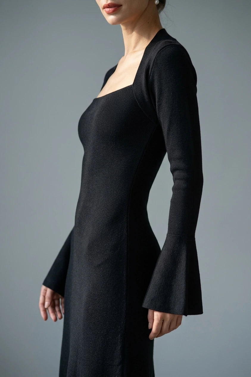 The Black Square Neck Flare Sleeve Midi Dress — variant_front