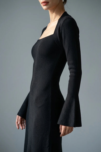 The Black Square Neck Flare Sleeve Midi Dress — variant_front