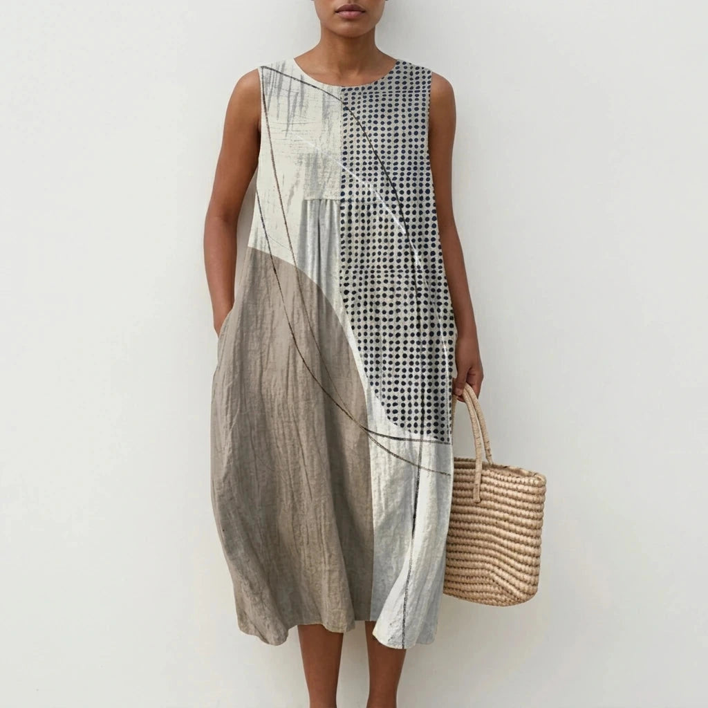 Relaxed Fit Round Neck Sleeveless Midi Dress With Pockets