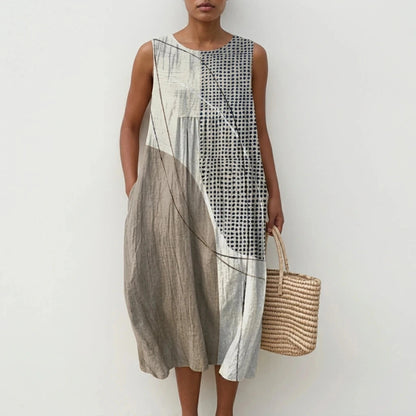 Relaxed Fit Round Neck Sleeveless Midi Dress With Pockets