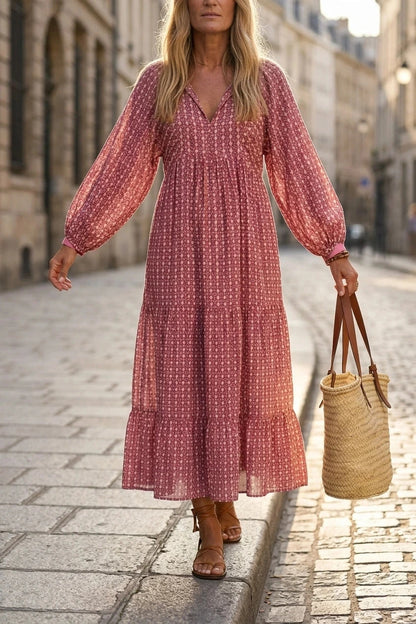 Geometric Print Long Sleeve Midi Dresses V-Neck Tiered Hem