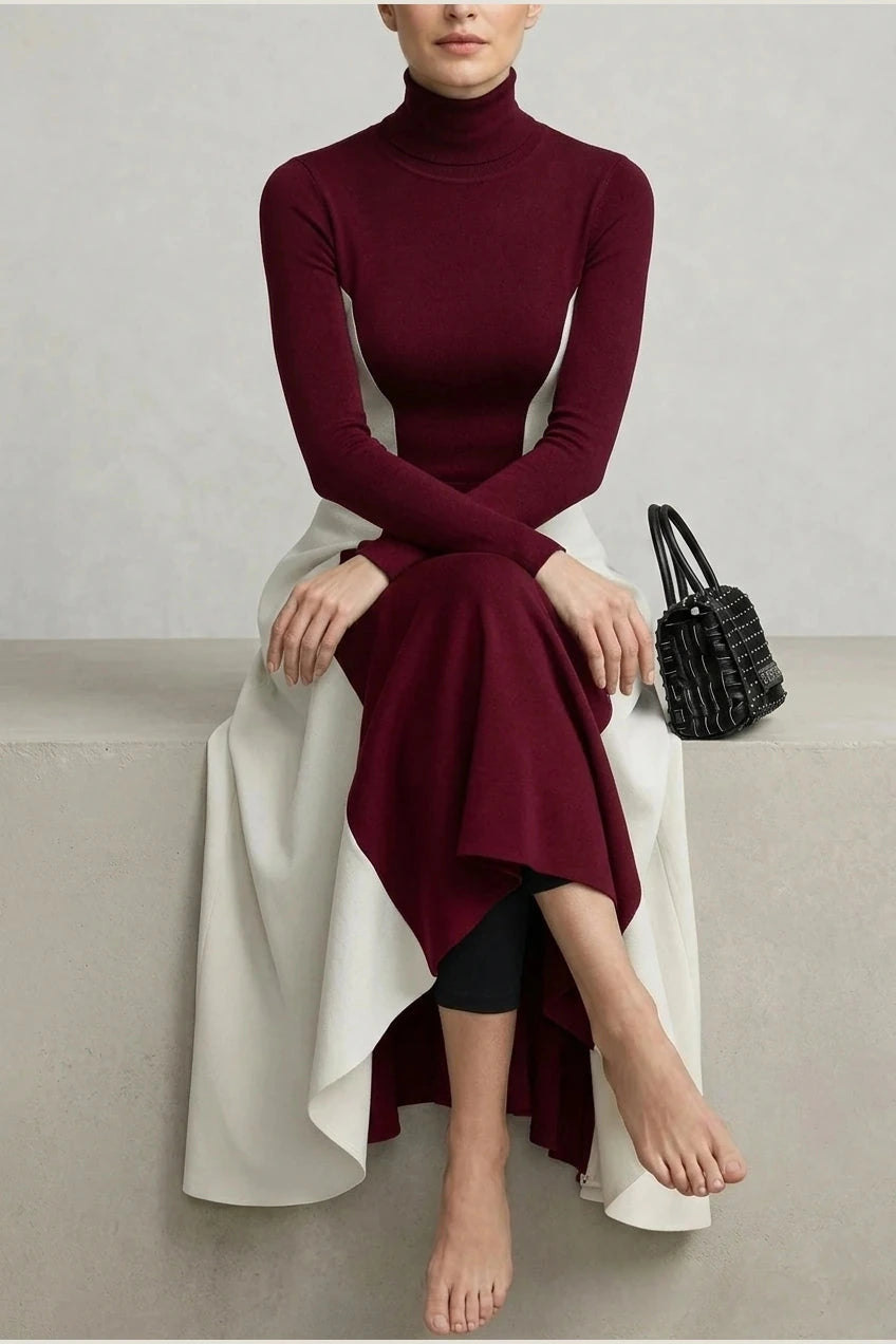 Sculpted Contrast Turtleneck Maxi Dress Fit-and-Flare Julia & Anne Dress Co