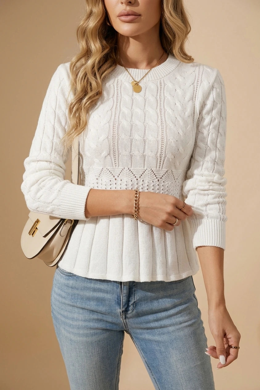 Cable Knit Sweater with Pointelle Waist Detail — variant_front
