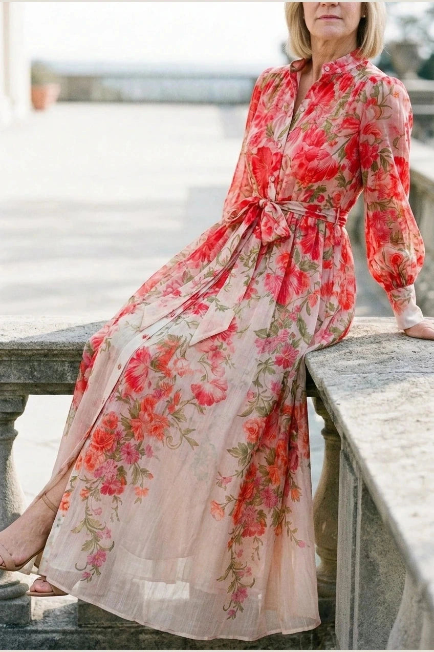 Floral Sheer Long Sleeve Maxi Dress With Tie Waist Button Front