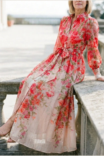 Floral Sheer Long Sleeve Maxi Dress With Tie Waist Button Front