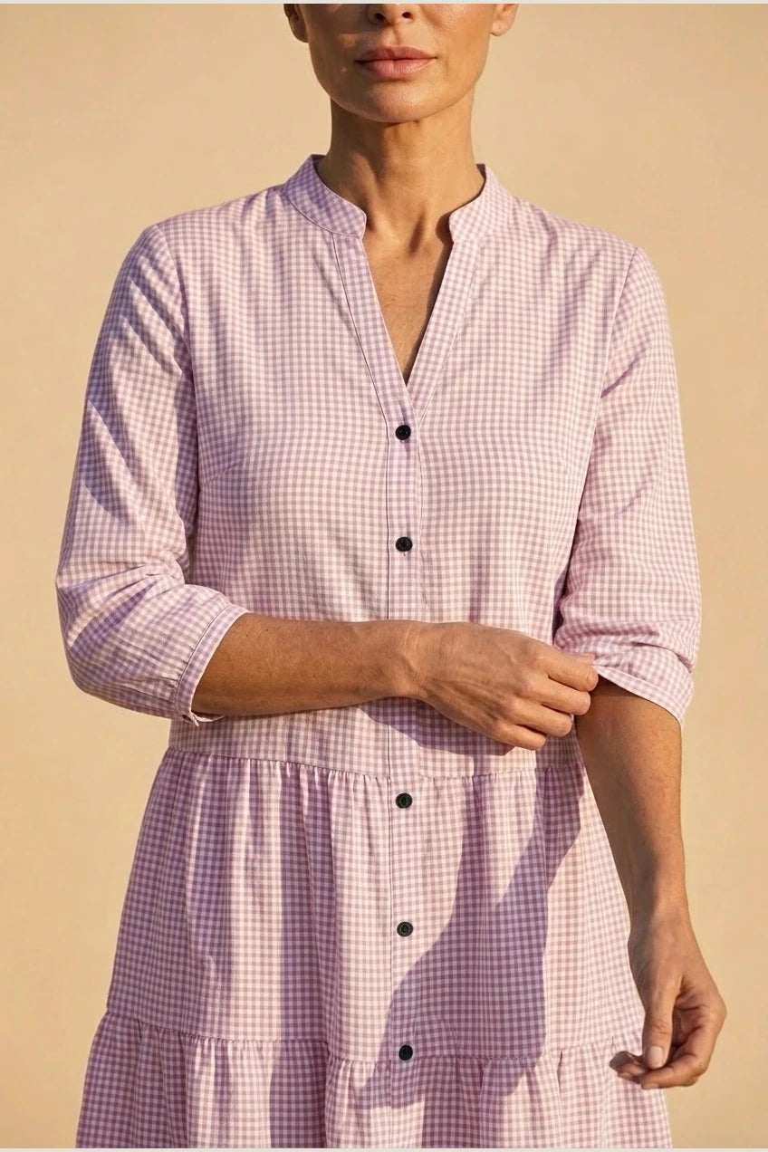 Button Front Gingham Tiered Dress With V Neck And Three-Quarter Sleeves