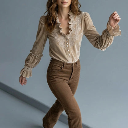 Embroidered Velvet Blouse Lace-Trimmed Romantic Floral Statement Top