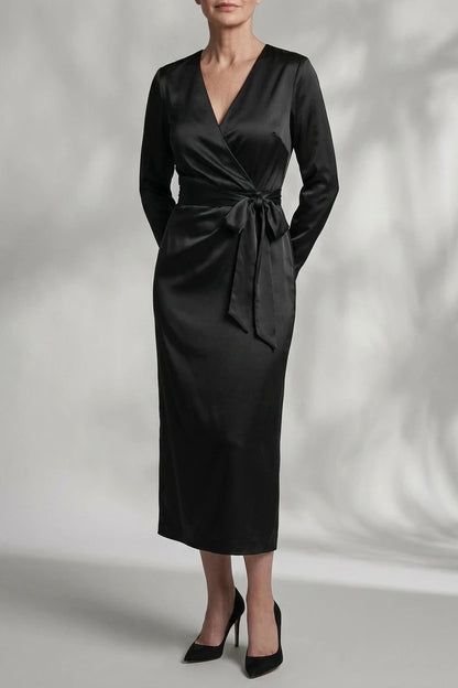 Satin Wrap Midi Dress With V-Neck Tie Waist And Long Sleeves