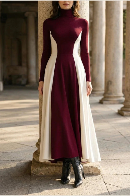 Sculpted Contrast Turtleneck Maxi Dress Fit-and-Flare Julia & Anne Dress Co