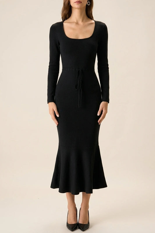 Women's Black Square Neck Mermaid Sweater Maxi Dress — variant_front