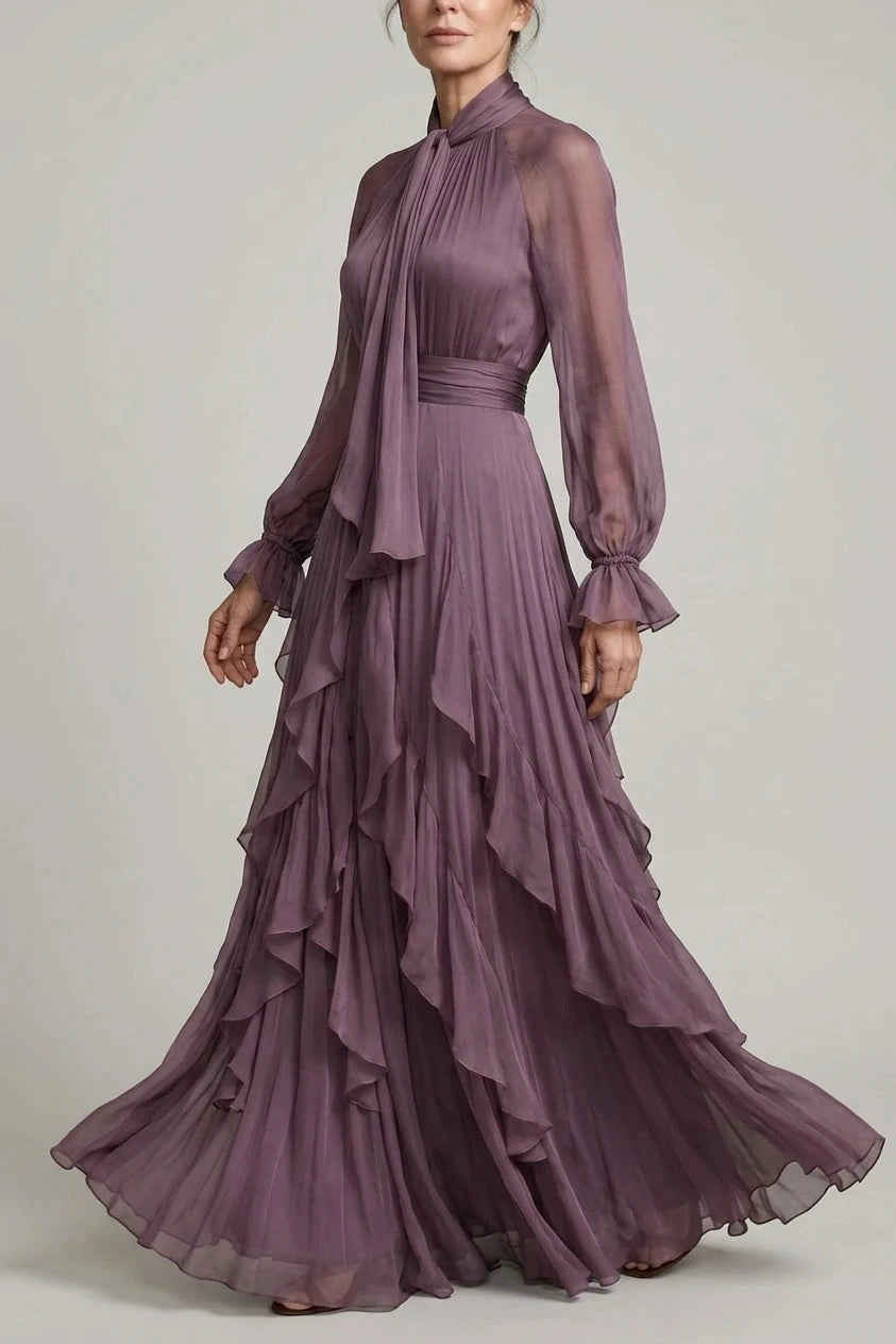 Tie Neck Ruffle Tiered Maxi Dress Long Sleeve High Neck Tie Detail