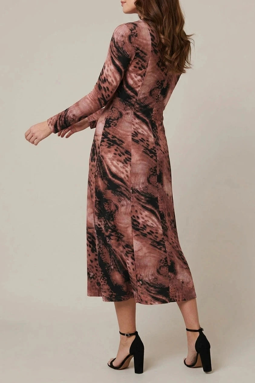 Abstract Long Sleeve Flared Midi Dress With Crew Neck
