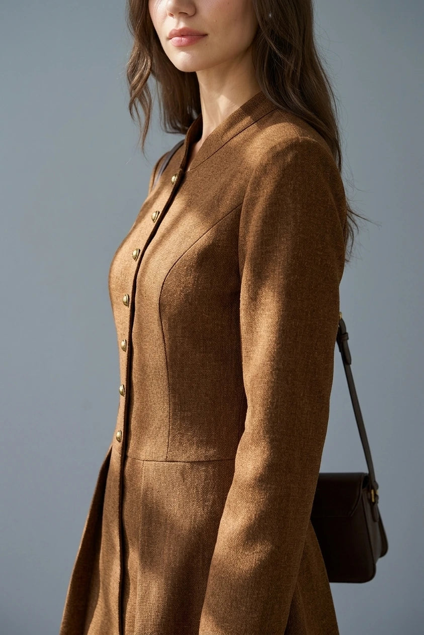Brown Ruched Button A-Line Mini Dress — variant_front