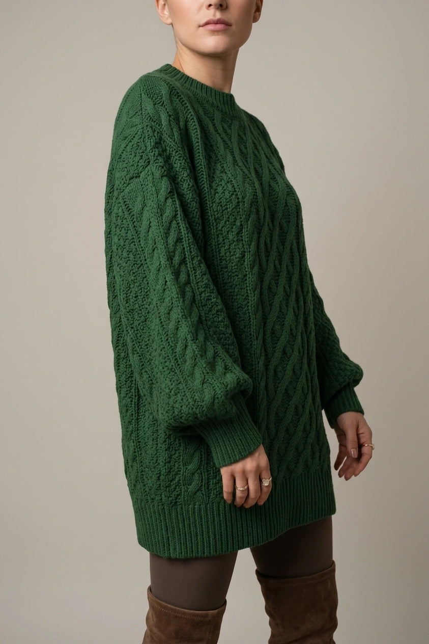 Cosy Oversized Cable Knit Sweater Dress with Puff Sleeves — variant_front