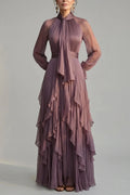 Tie Neck Ruffle Tiered Maxi Dress Long Sleeve High Neck Tie Detail