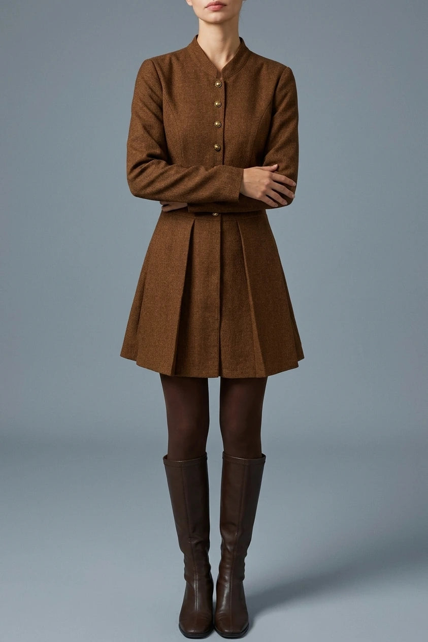 Brown Ruched Button A-Line Mini Dress — variant_front
