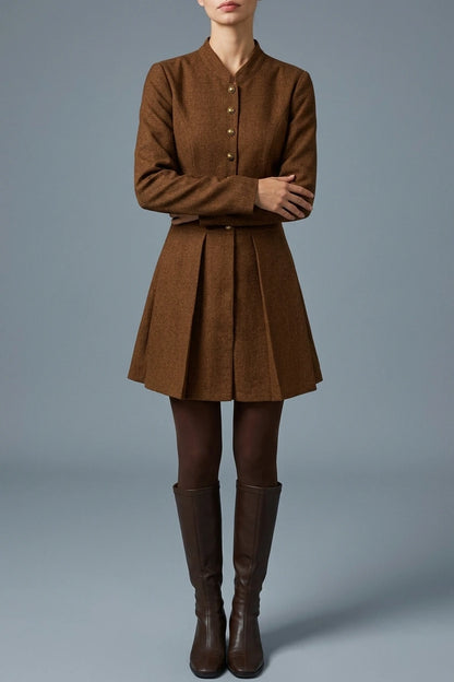 Brown Ruched Button A-Line Mini Dress — variant_front