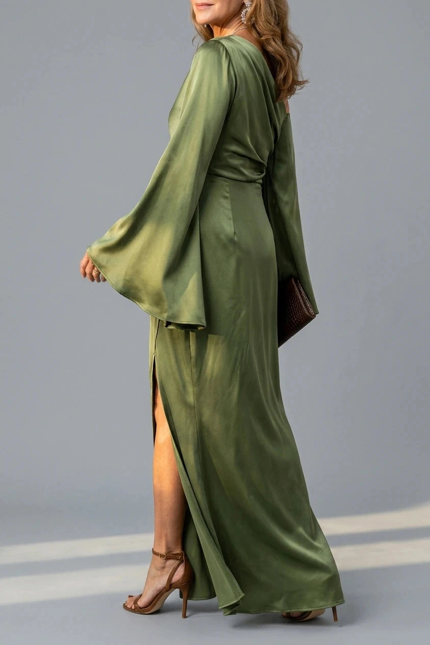 One Shoulder Cape Sleeve Maxi Dresses Draped Satin With High Side Split