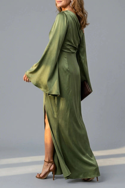 One Shoulder Cape Sleeve Maxi Dresses Draped Satin With High Side Split