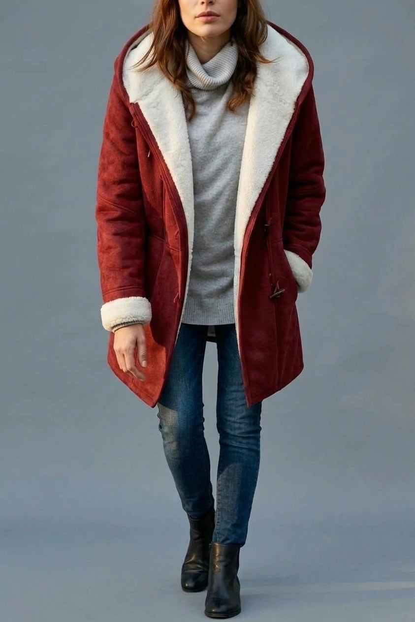 Women's Hooded Toggle Coat Sherpa Lined Mid-Thigh Length — variant_front
