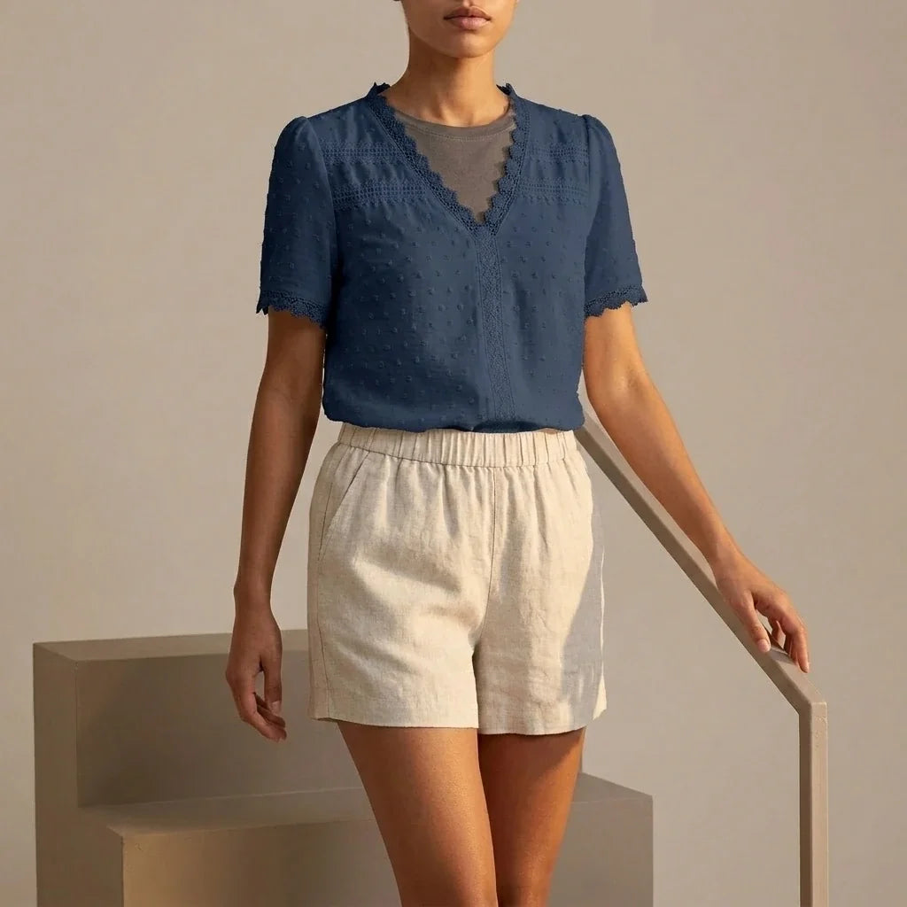 Bohemian Lace Trim Blouse with Swiss Dot Texture and V-Neckline — variant_front