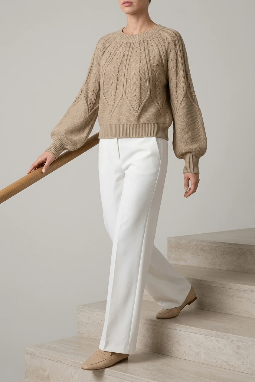 Women's Cable-Knit Cropped Jumper with Lantern Sleeves — variant_front
