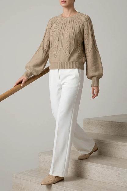 Women's Cable-Knit Cropped Jumper with Lantern Sleeves — variant_front