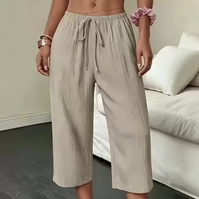 Beach Vacation Style Summer Women's Straight-Leg Trousers, Solid Color Drawstring Casual Summer Capri Pants for Women