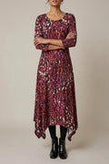 Animal Print Hanky Hem Jersey Dress 3/4 Sleeve Asymmetric Midi