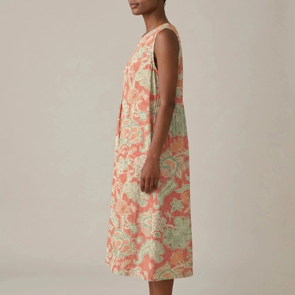 Sleeveless Dress With Premium Blend And Loose Fit — Midi With Pockets & Round Neck