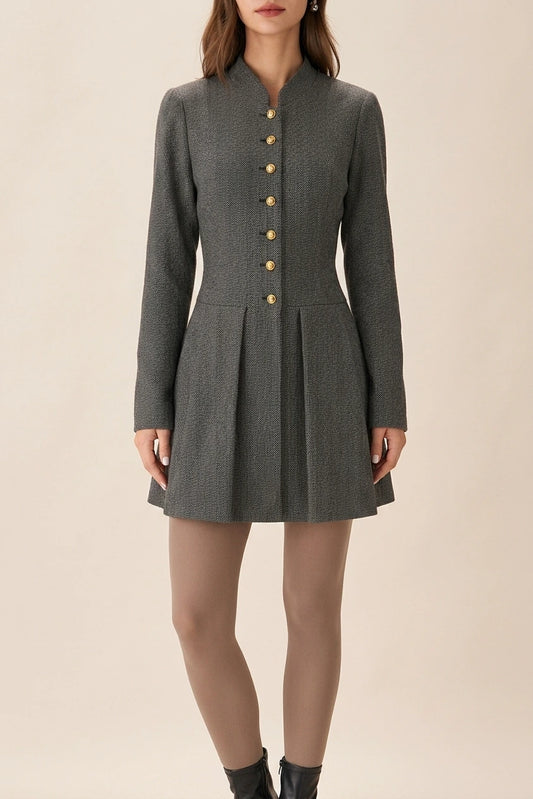 Grey Button Pleated Mini Dress — variant_front