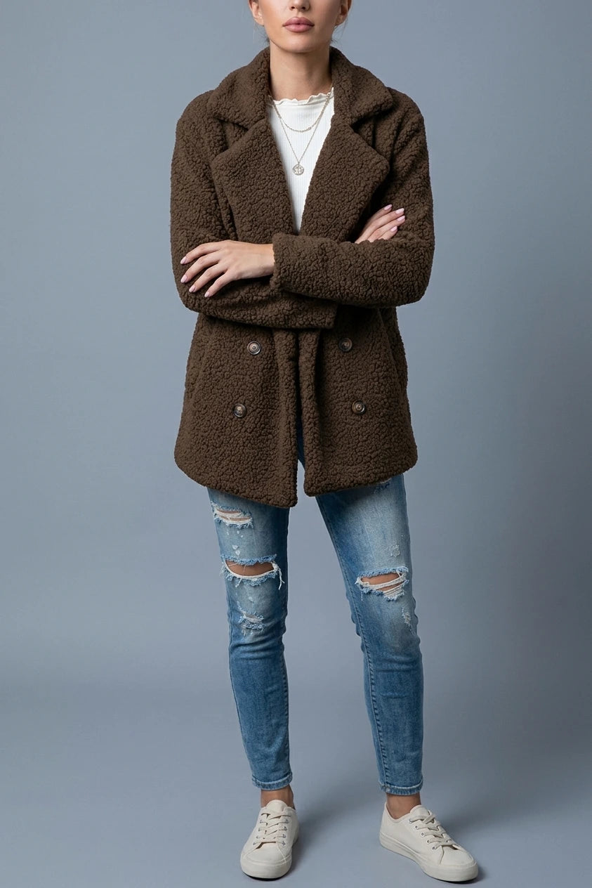 Women's Teddy Coat with Notch Lapel and Button Front — variant_front