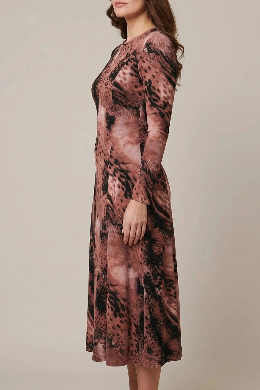 Abstract Long Sleeve Flared Midi Dress With Crew Neck