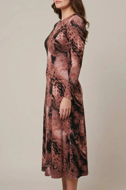Abstract Long Sleeve Flared Midi Dress With Crew Neck