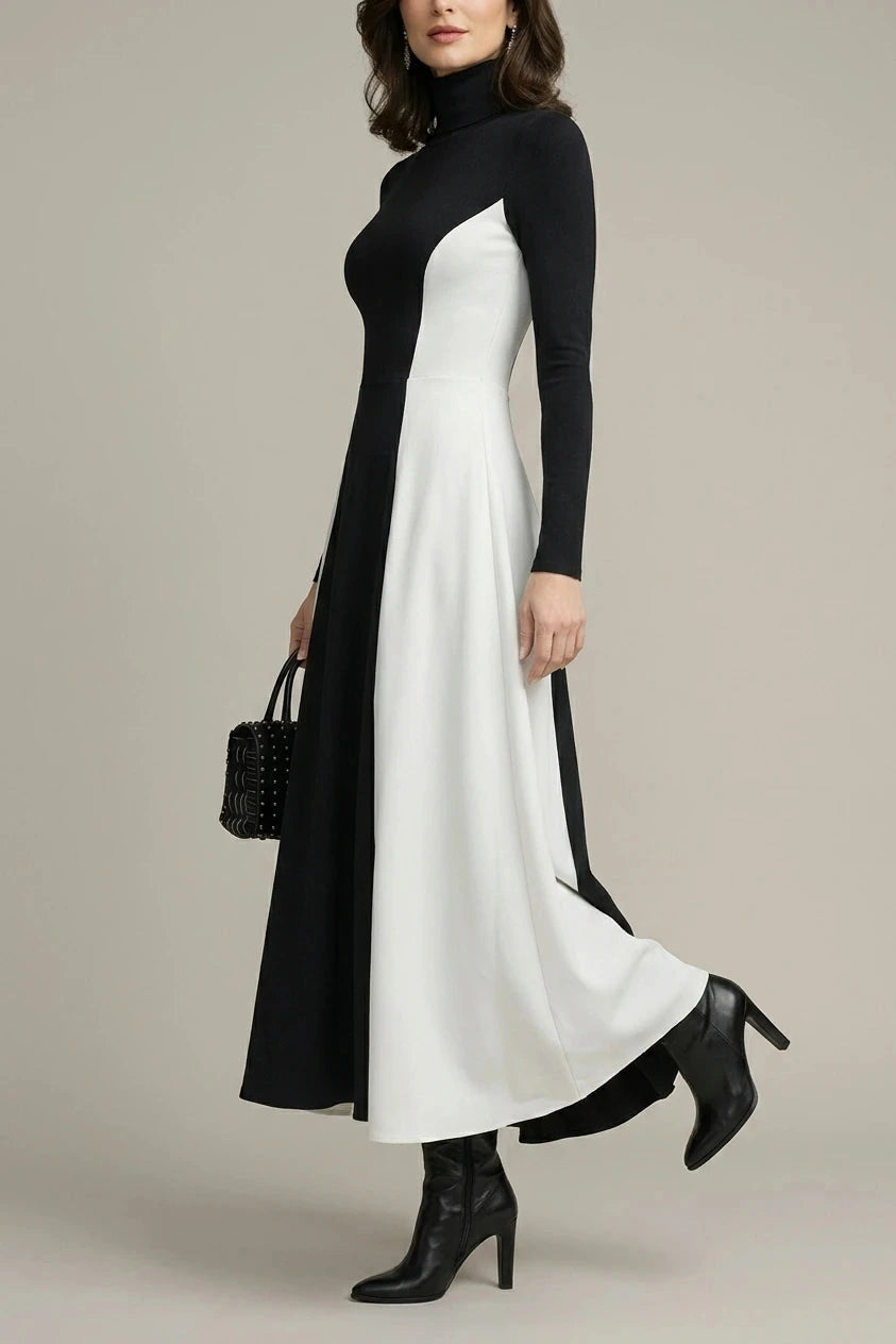Sculpted Contrast Turtleneck Maxi Dress Fit-and-Flare Julia & Anne Dress Co