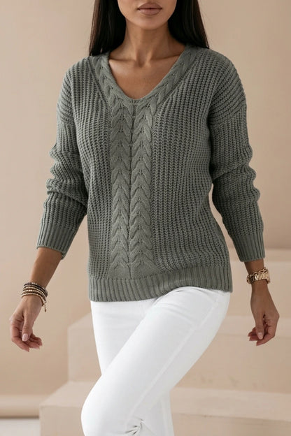 Cable Knit Sweater with V-Neckline and Ribbed Cuffs — variant_front