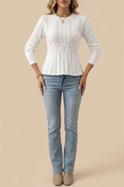 Cable Knit Sweater with Pointelle Waist Detail — variant_front