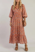 Geometric Print V Neck Tiered Maxi Dresses