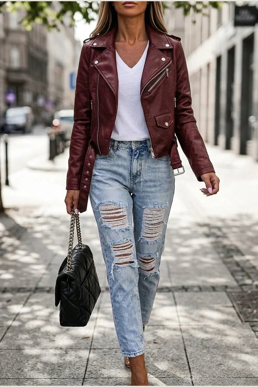 Black Faux Leather Biker Jacket with Asymmetric Zip and Belt — variant_front