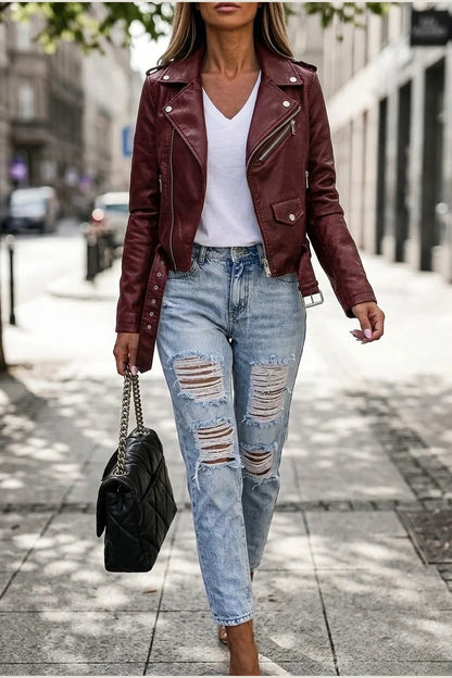 Black Faux Leather Biker Jacket with Asymmetric Zip and Belt — variant_front