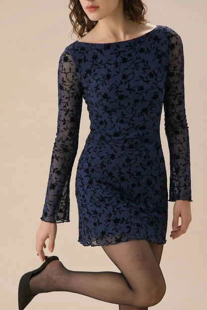 Women's Blue See-through Long Sleeve Mini Dress — variant_front