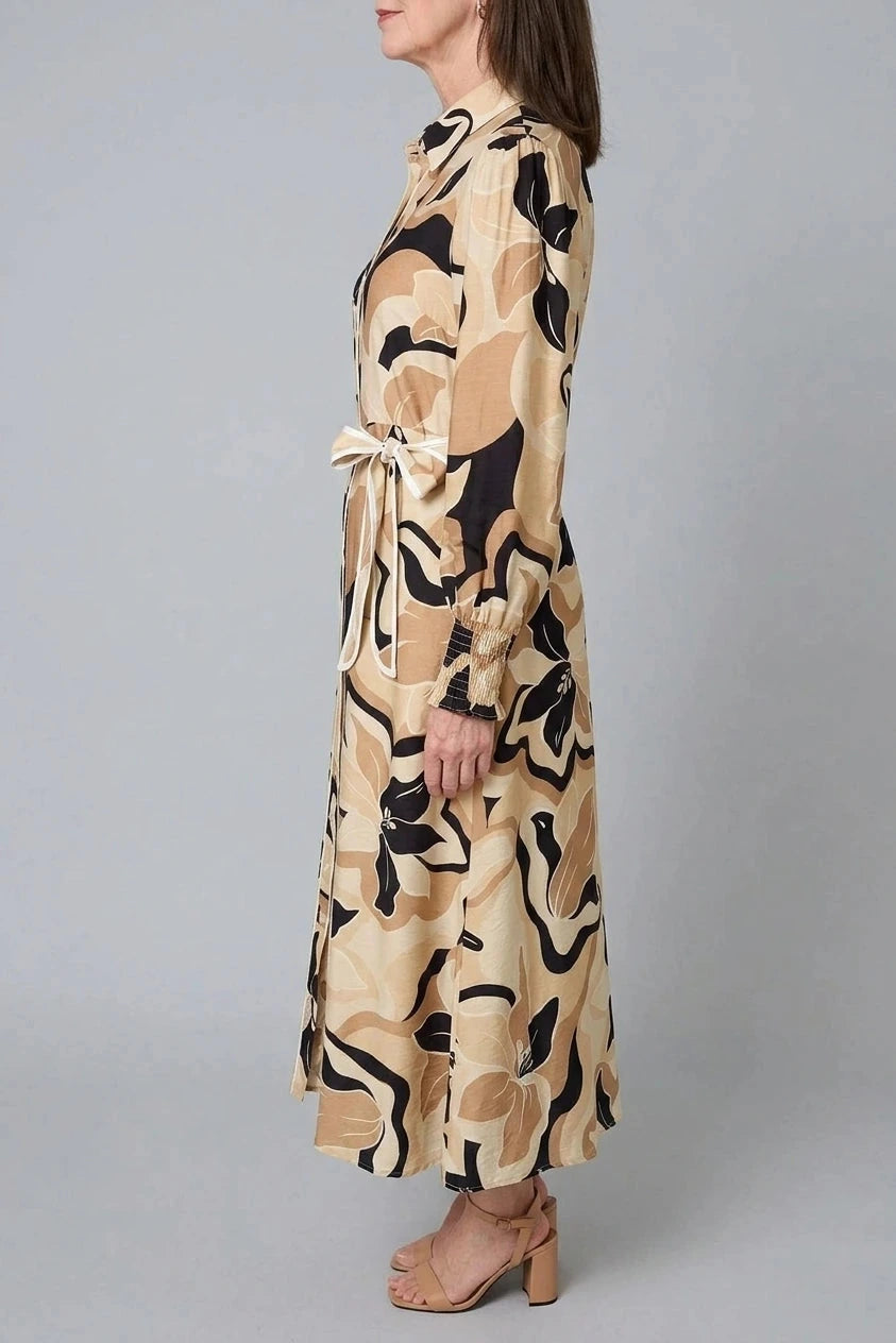 Abstract Floral Midi Shirt Dress Belted Button-Front Long Sleeve