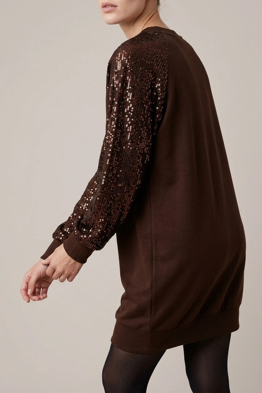 Women's Sequin Sleeve Sweatshirt Dress with Crew Neck — variant_front