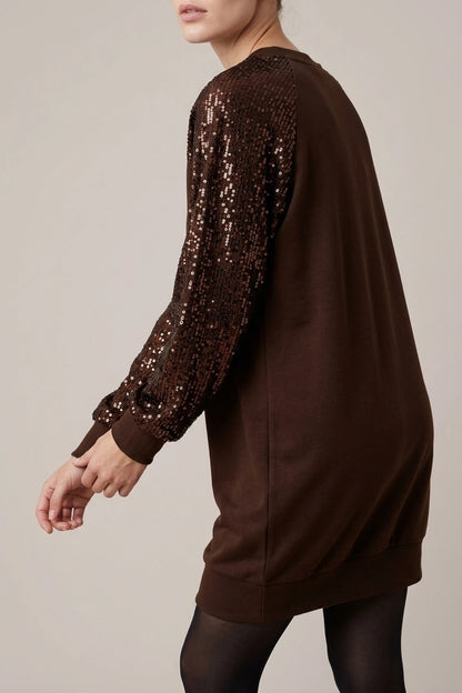 Women's Sequin Sleeve Sweatshirt Dress with Crew Neck — variant_front
