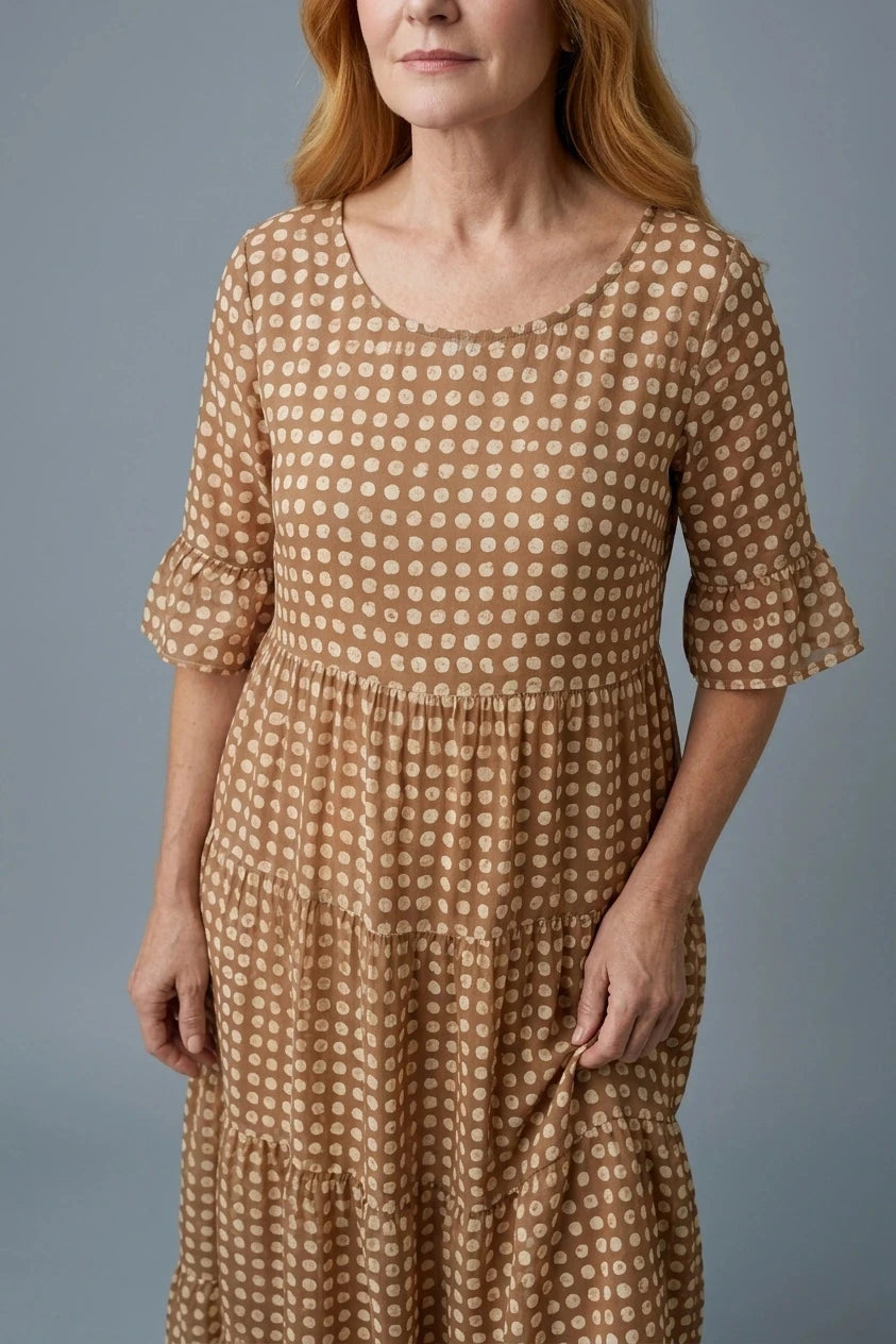 Polka Dot Tiered Midi Dress With Short Ruffle Sleeves And Square Neck