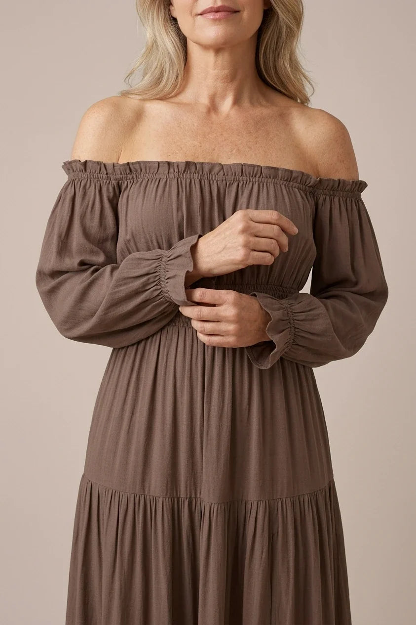 Aveline | Off Shoulder Long Sleeve Smocked Maxi Dress — variant_front
