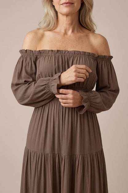 Aveline | Off Shoulder Long Sleeve Smocked Maxi Dress — variant_front