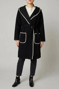 Blanket Stitch Tie Waist Longline Coat Hooded Belted With Patch Pockets