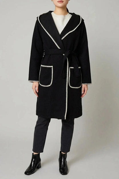 Blanket Stitch Tie Waist Longline Coat Hooded Belted With Patch Pockets
