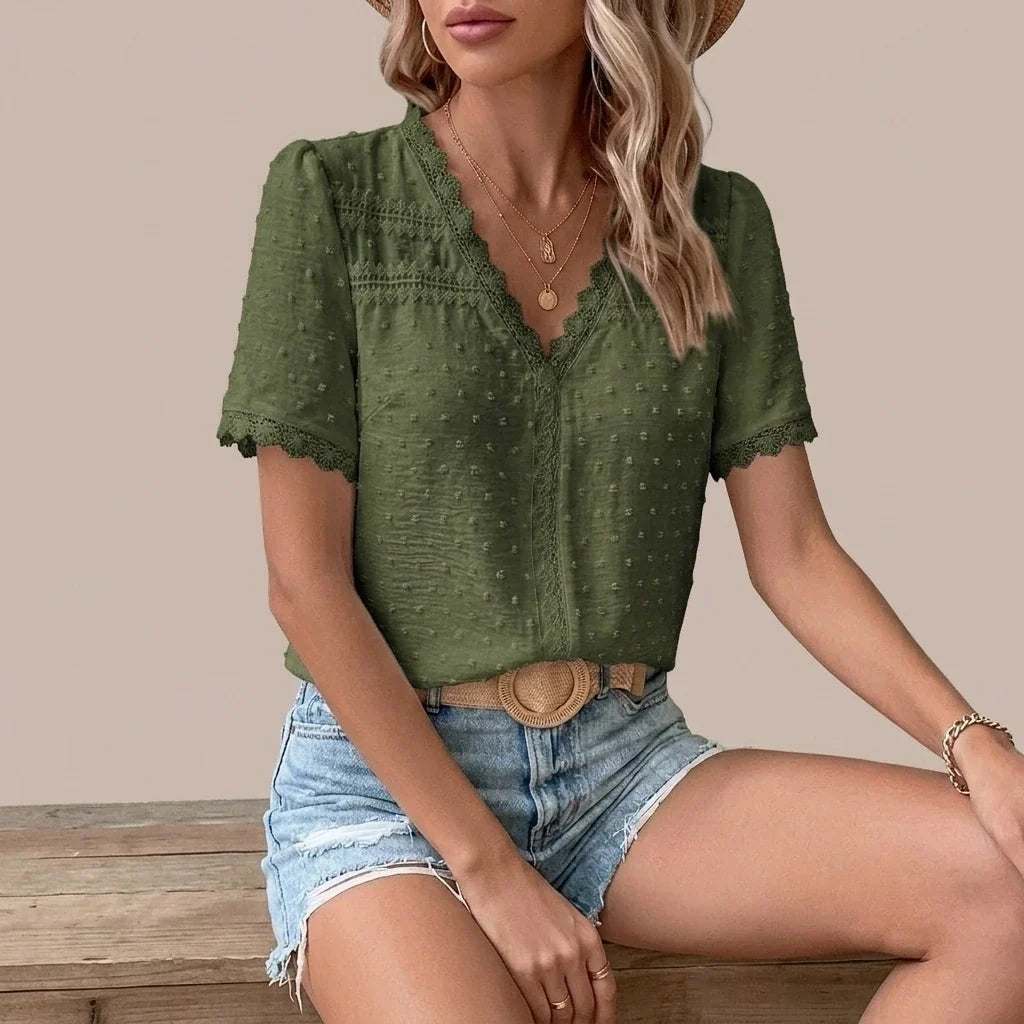 Bohemian Lace Trim Blouse with Swiss Dot Texture and V-Neckline — variant_front